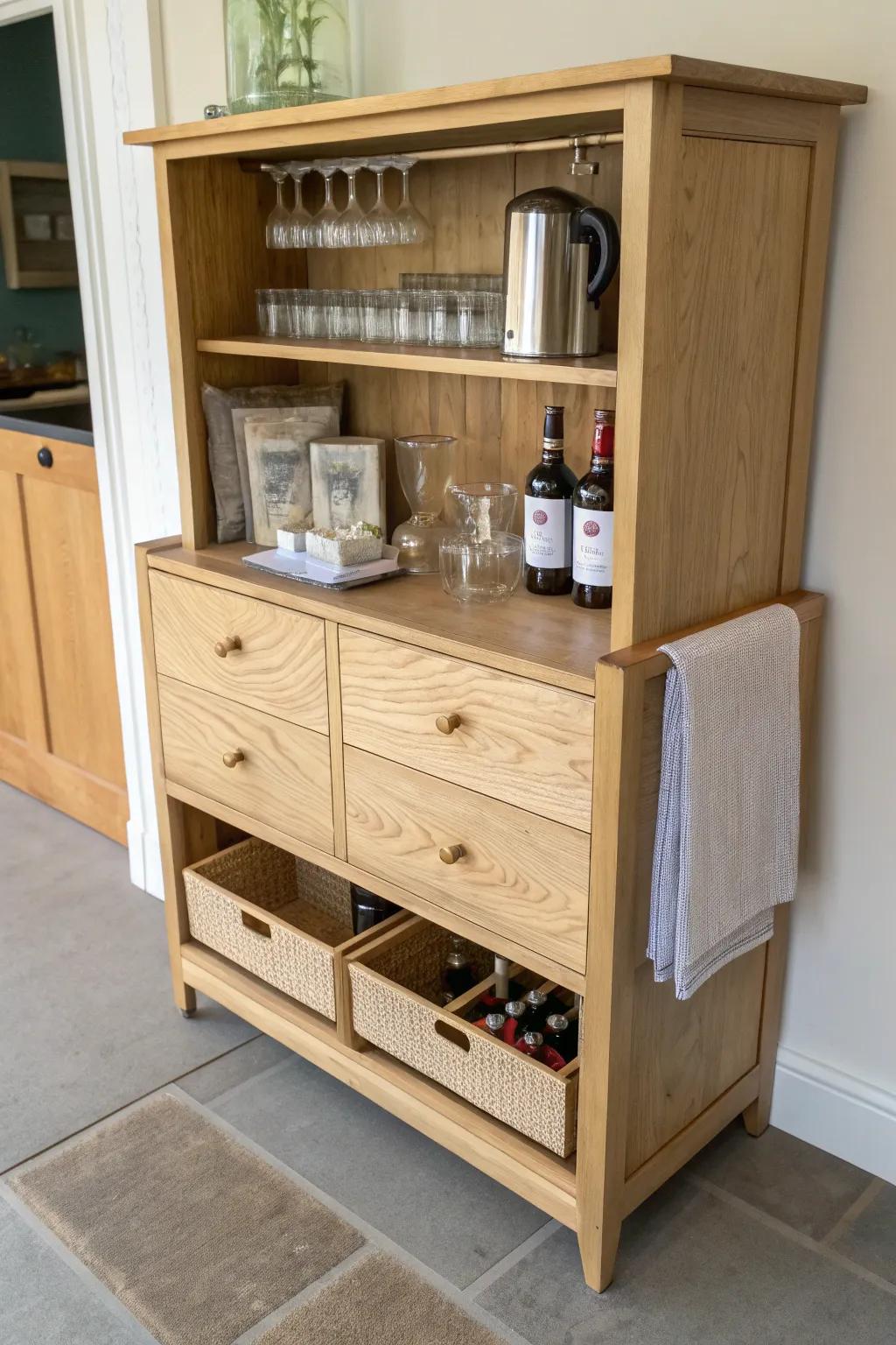 Upcycled dresser bar cabinet: clean oak finish, tidy drawers, and a custom-crafted wood top.