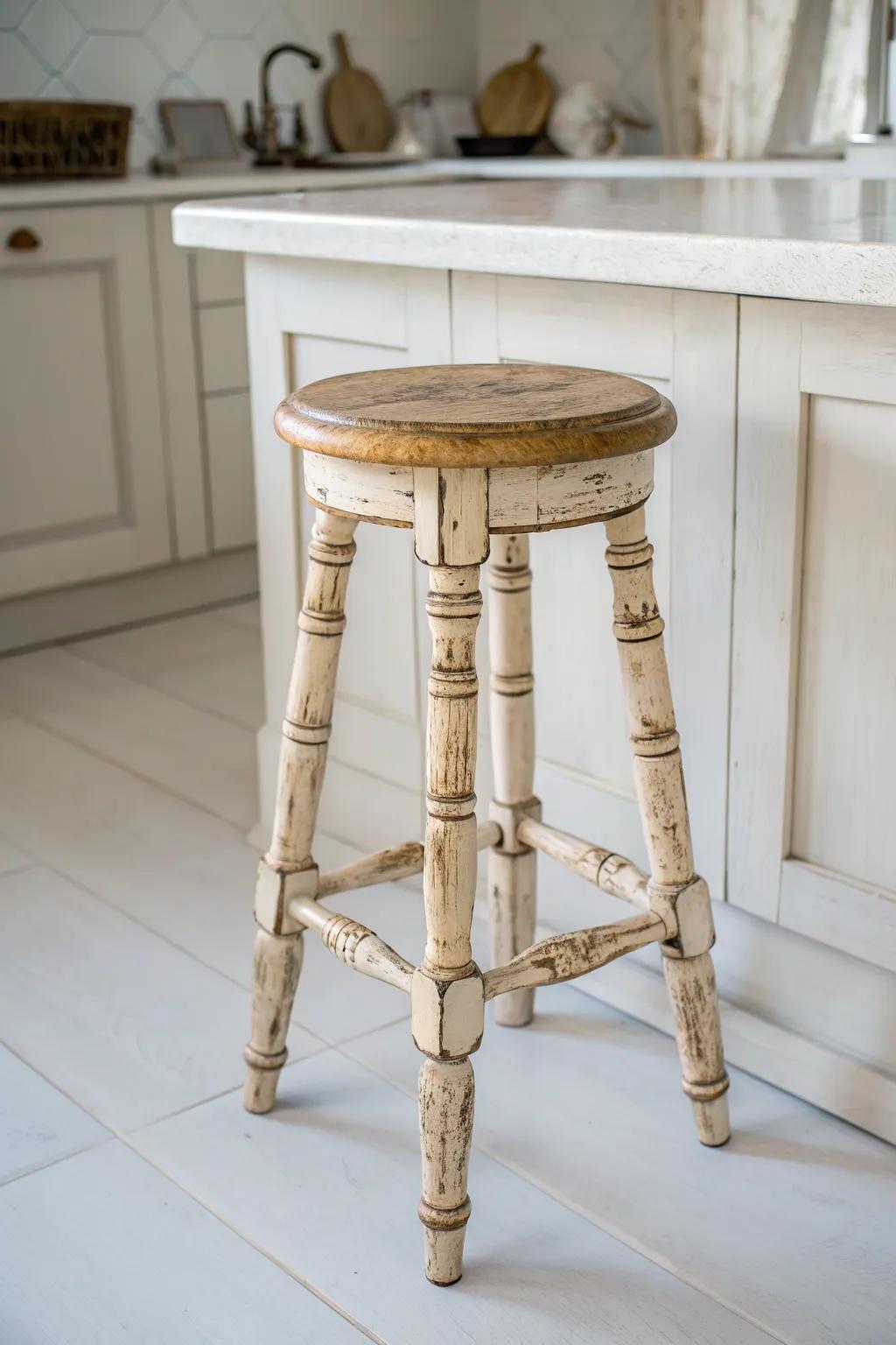 Distressed white bar stool with vintage patina—adds soulful contrast to a bright white kitchen.