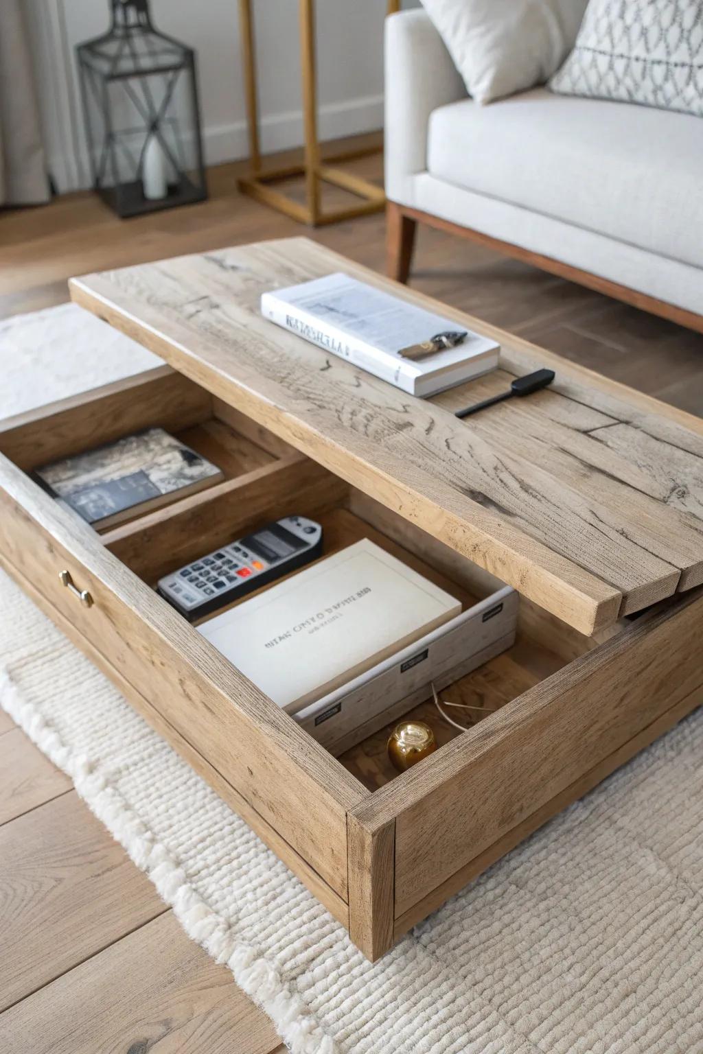 A faux barn beam that opens for secret storage—beautiful craftsmanship with a clever surprise.