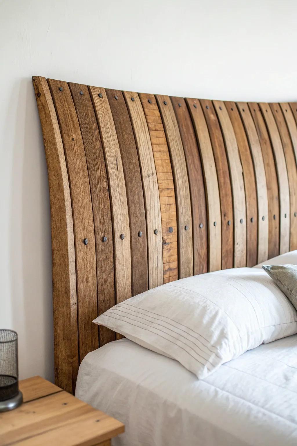 Stave-slat headboard with a soft wave—reclaimed barrel wood texture for a calm Nordic look.