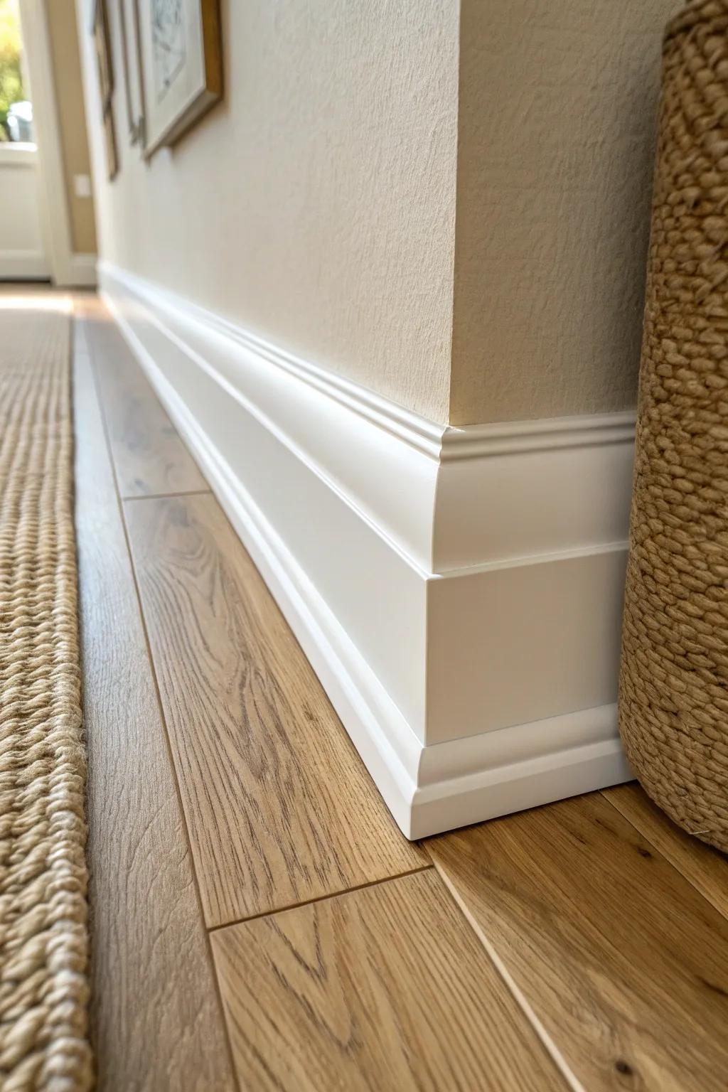 Scribed baseboards that hug uneven floors for a seamless, custom-built finish.