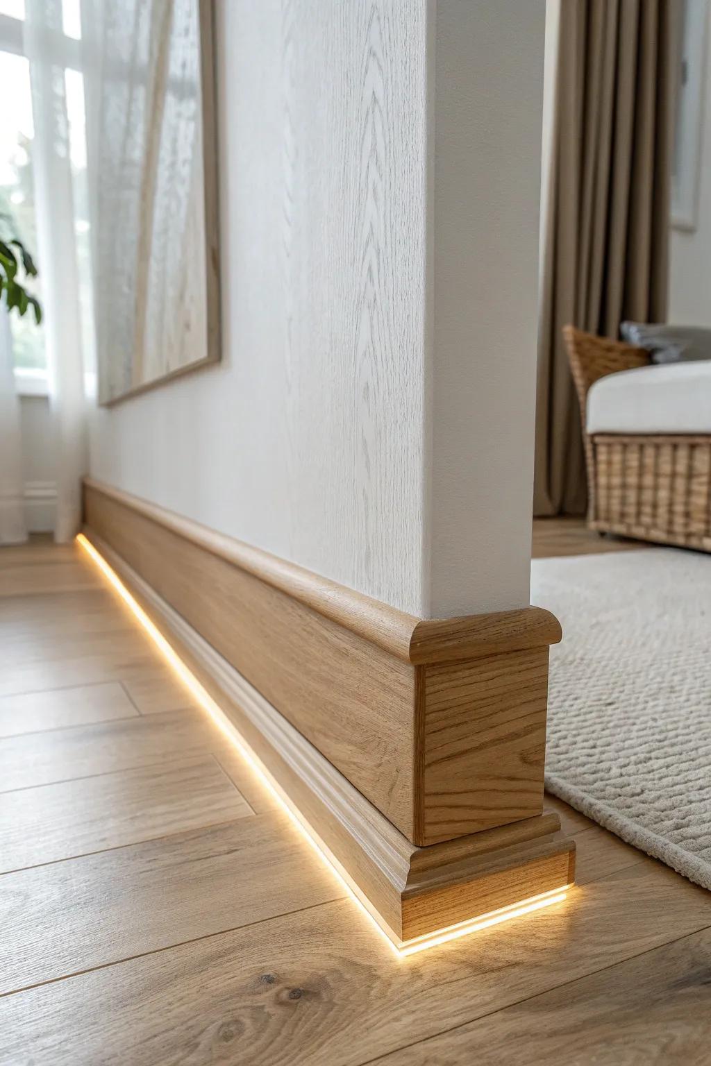 Tunable white baseboard glow—bright for chores, warm for evenings in a calm, crafted space.