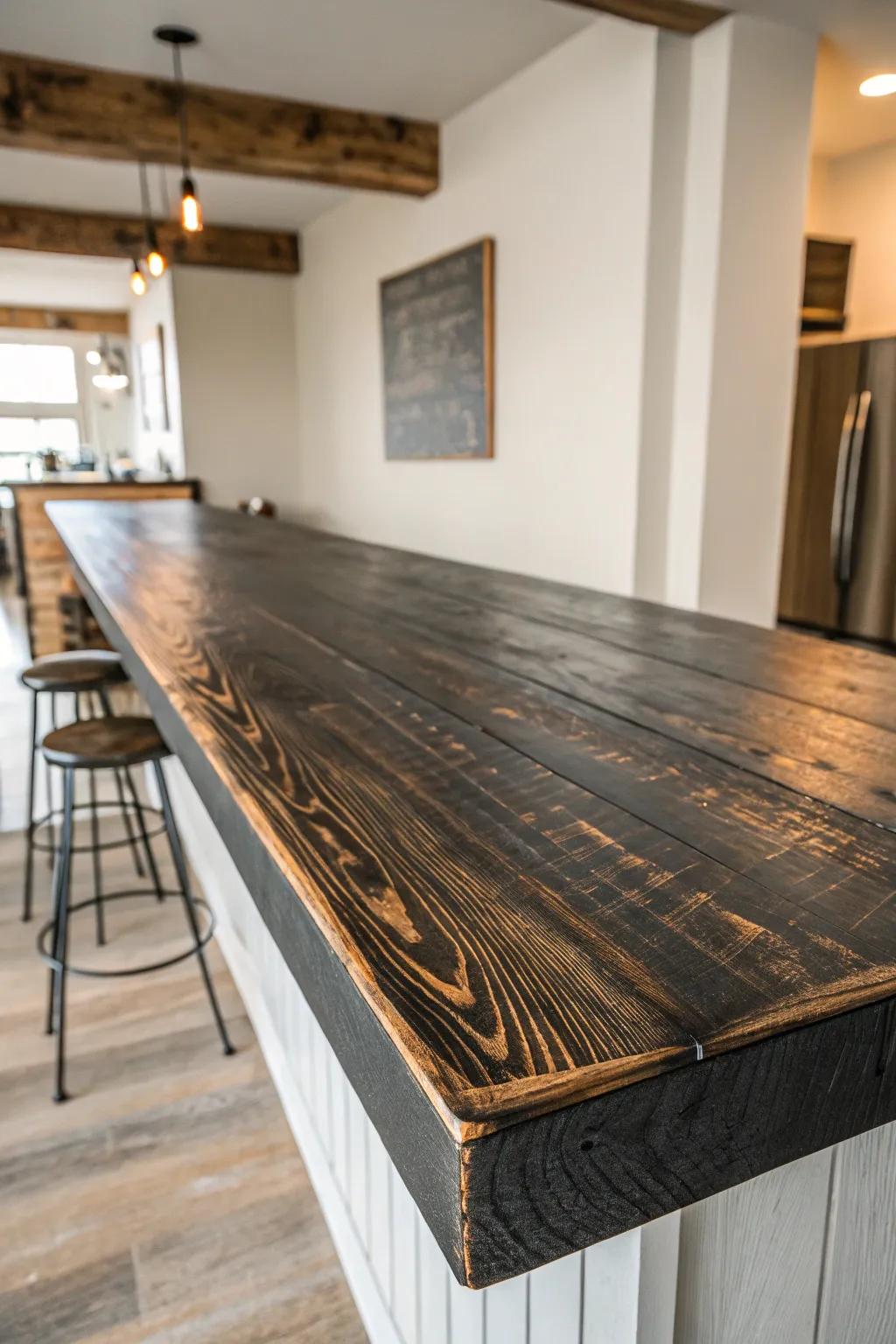 Charred shou sugi ban bar top—brushed grain, satin-sealed, and beautifully scuff-forgiving.