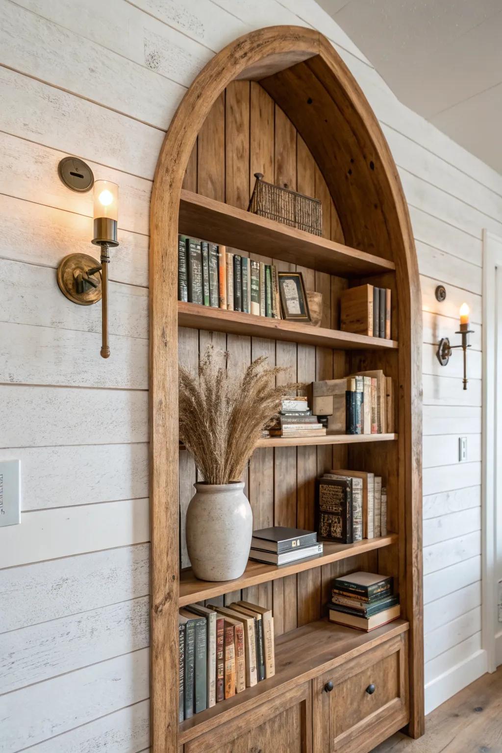 Warm arched plywood built-ins + soft sconces for an Old World basement library wall.