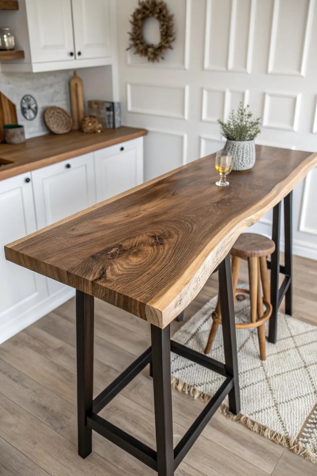 A live-edge slab bar top that turns a basement island into a warm, touchable statement.