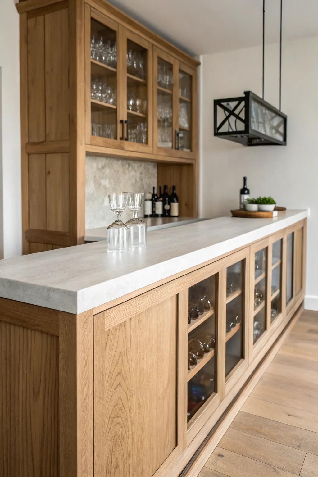 A sleek white-oak bar top with a glossy epoxy “river” inlay—minimal, warm, and wipeable.