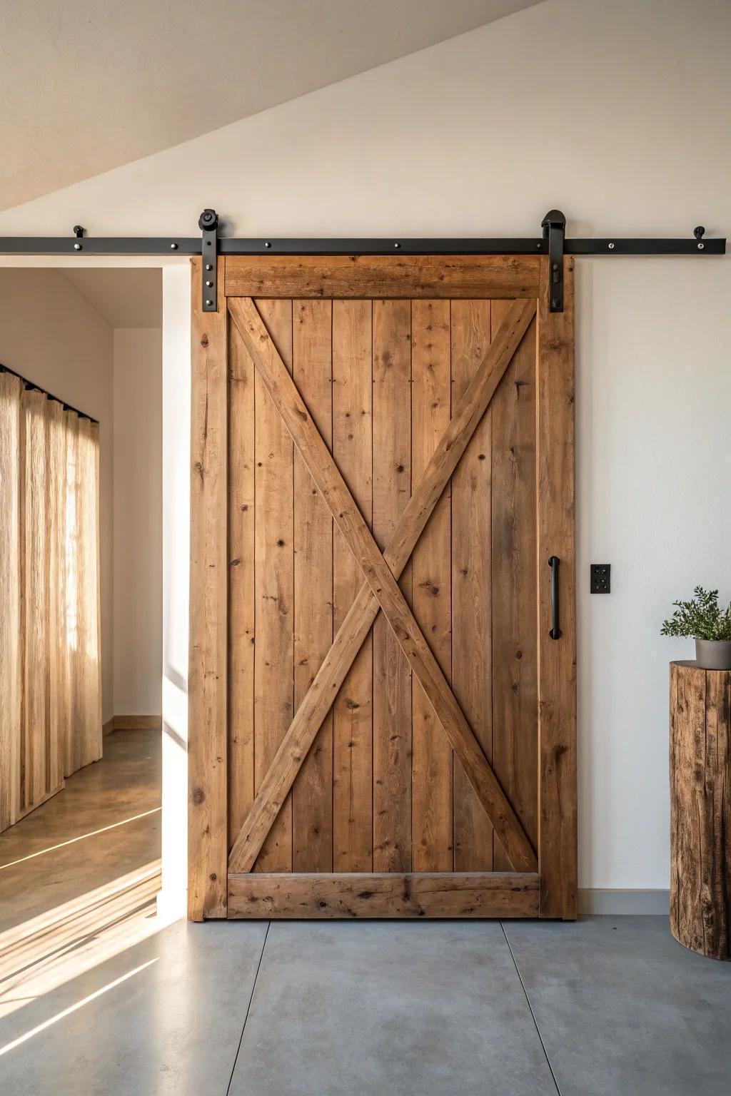 Reclaimed-wood sliding barn door—space-saving divider that adds warmth and craft to your basement.