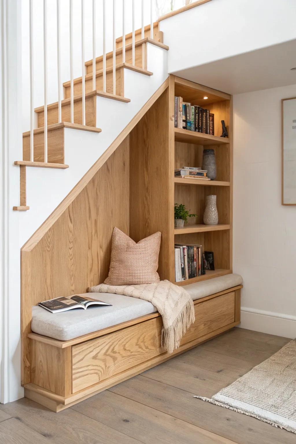 Under-stairs reading hideaway: a built-in plywood bench nook with shelves and warm, cozy light.