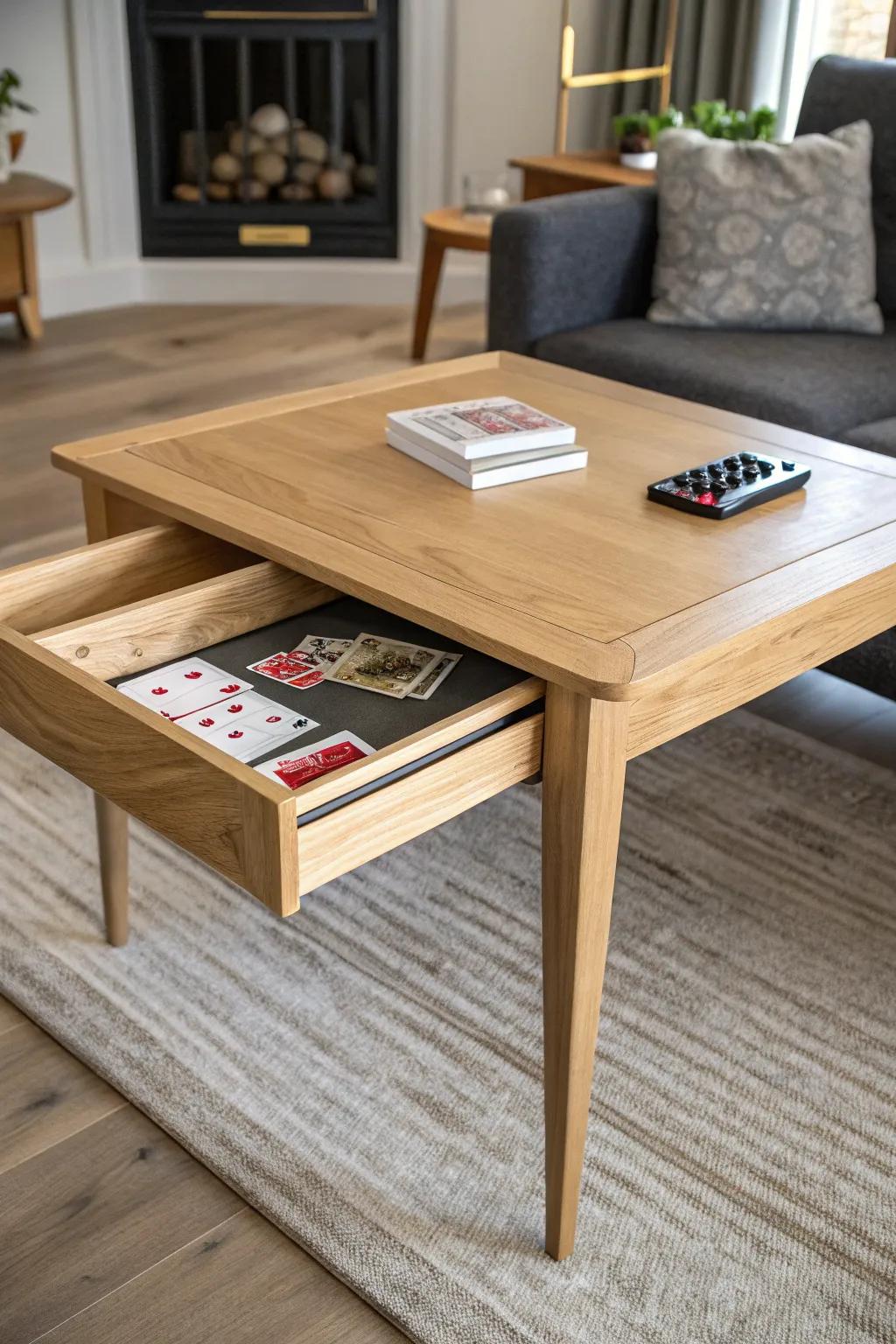 A minimalist oak game-night table with a hidden lift-panel compartment for cards and remotes.