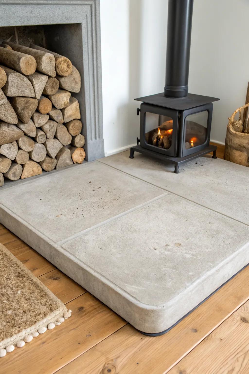 An oversized hearth extension keeps basement stove debris contained—more calm, less sweeping.