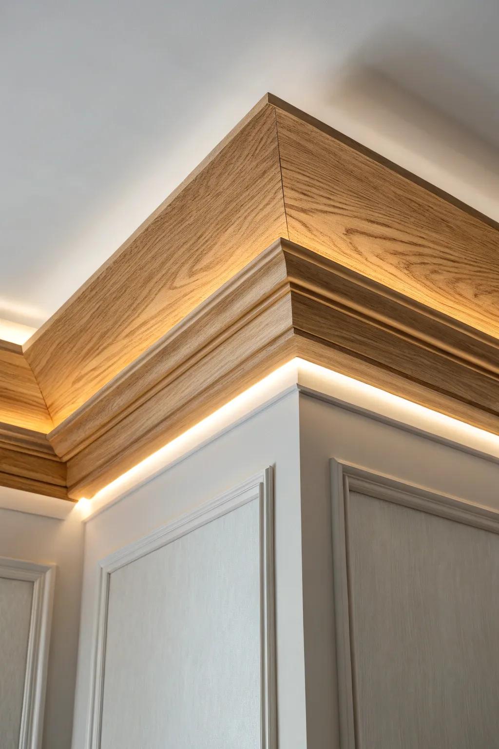 Warm LED cove trim halo—oak craftsmanship that turns bathroom light into a spa glow.