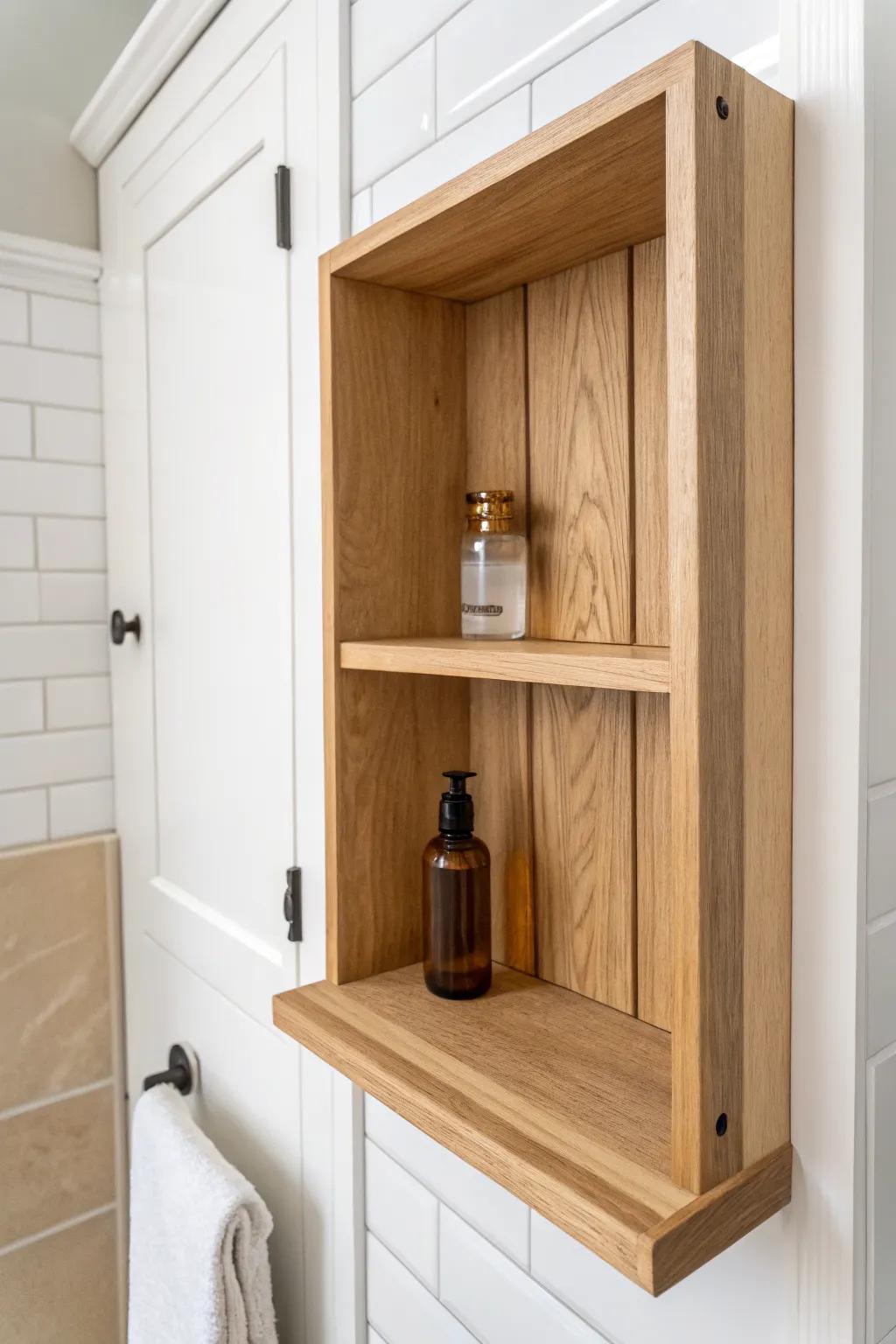 A hinged fold-down oak shelf creates instant getting-ready space—then folds away cleanly.