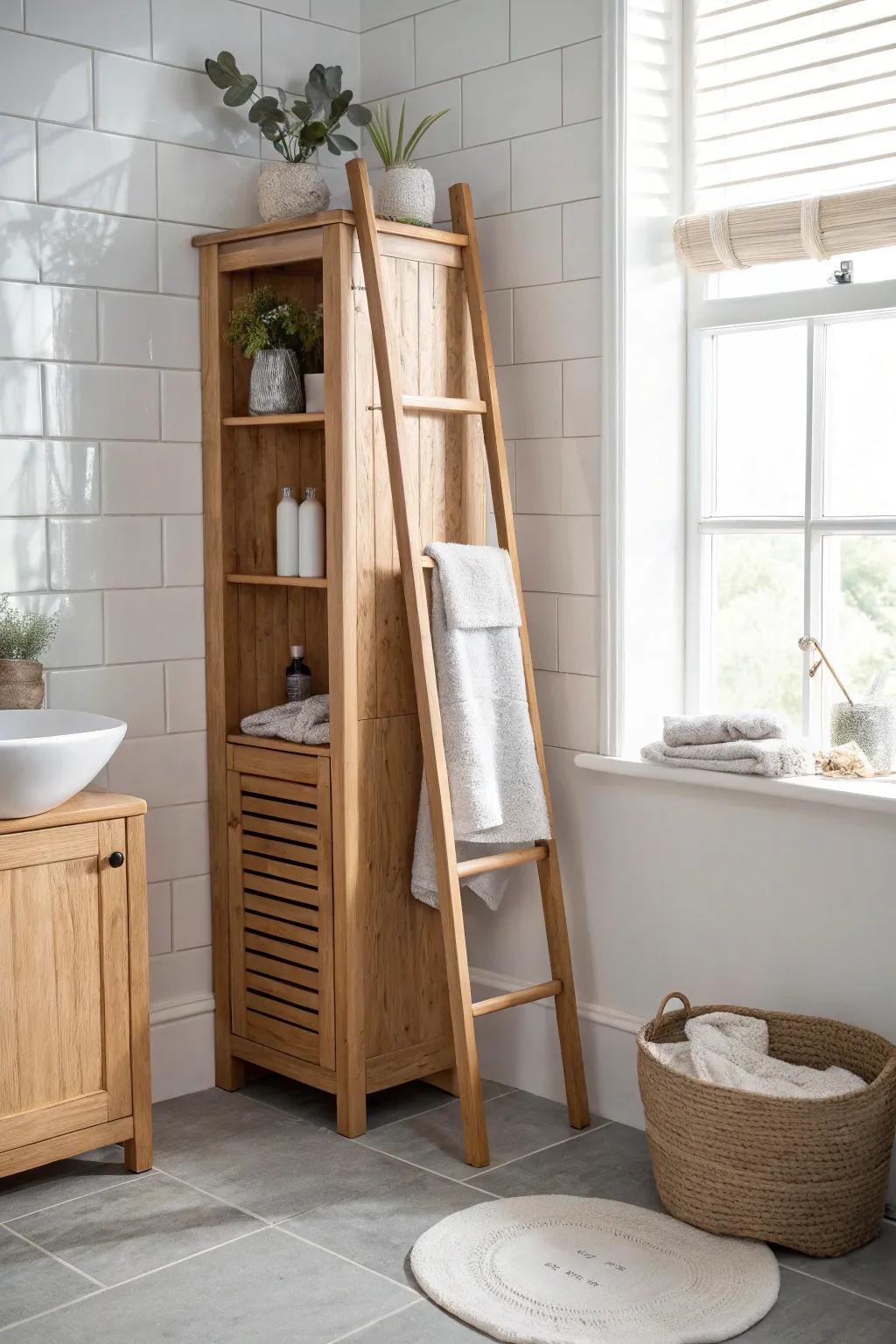Space-saving corner cabinet with a built-in towel ladder—Nordic clean lines, warm wood.