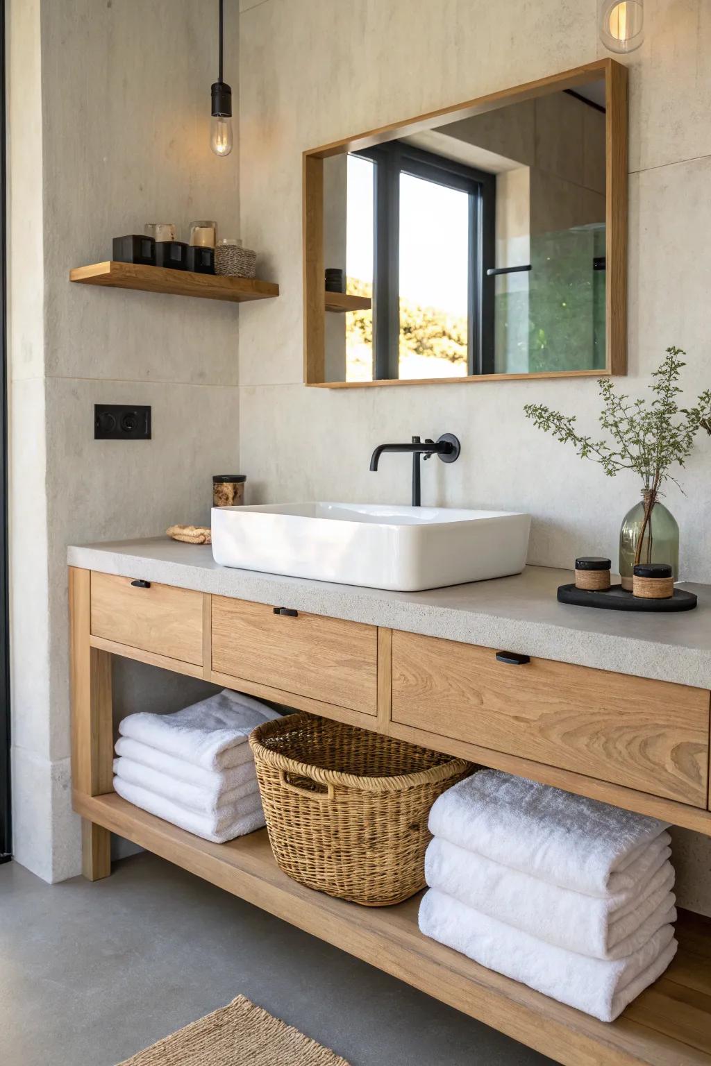 A slim under-vanity floating shelf adds boutique-hotel style with warm wood and tidy storage.