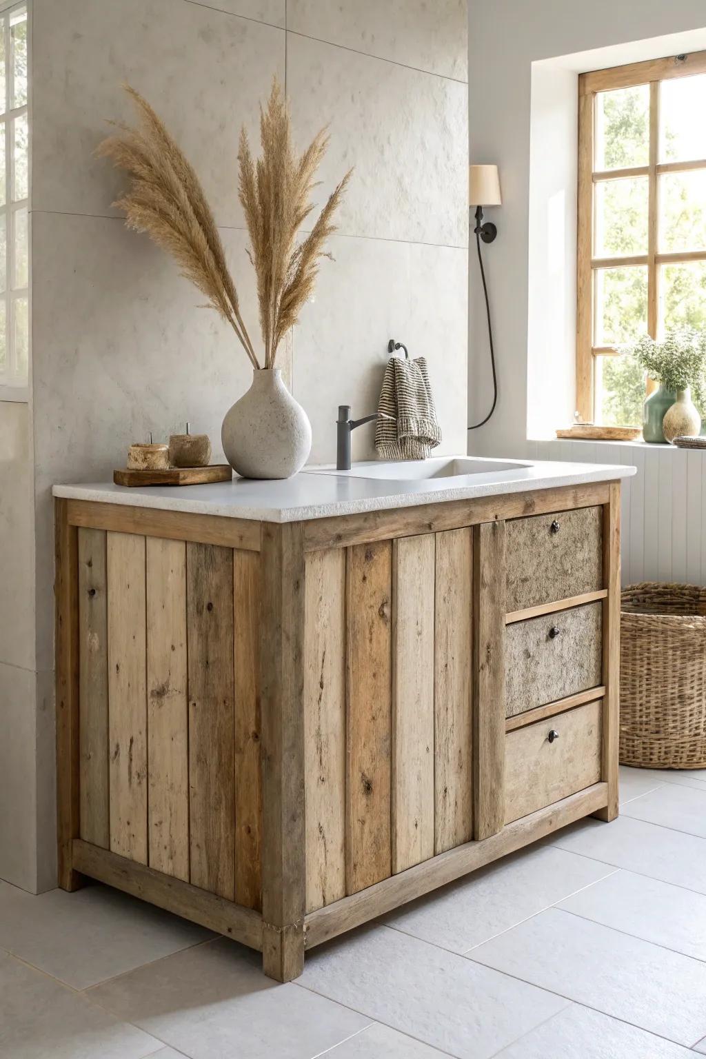Reclaimed wood paneling brings cozy texture to a clean, minimalist bathroom island.