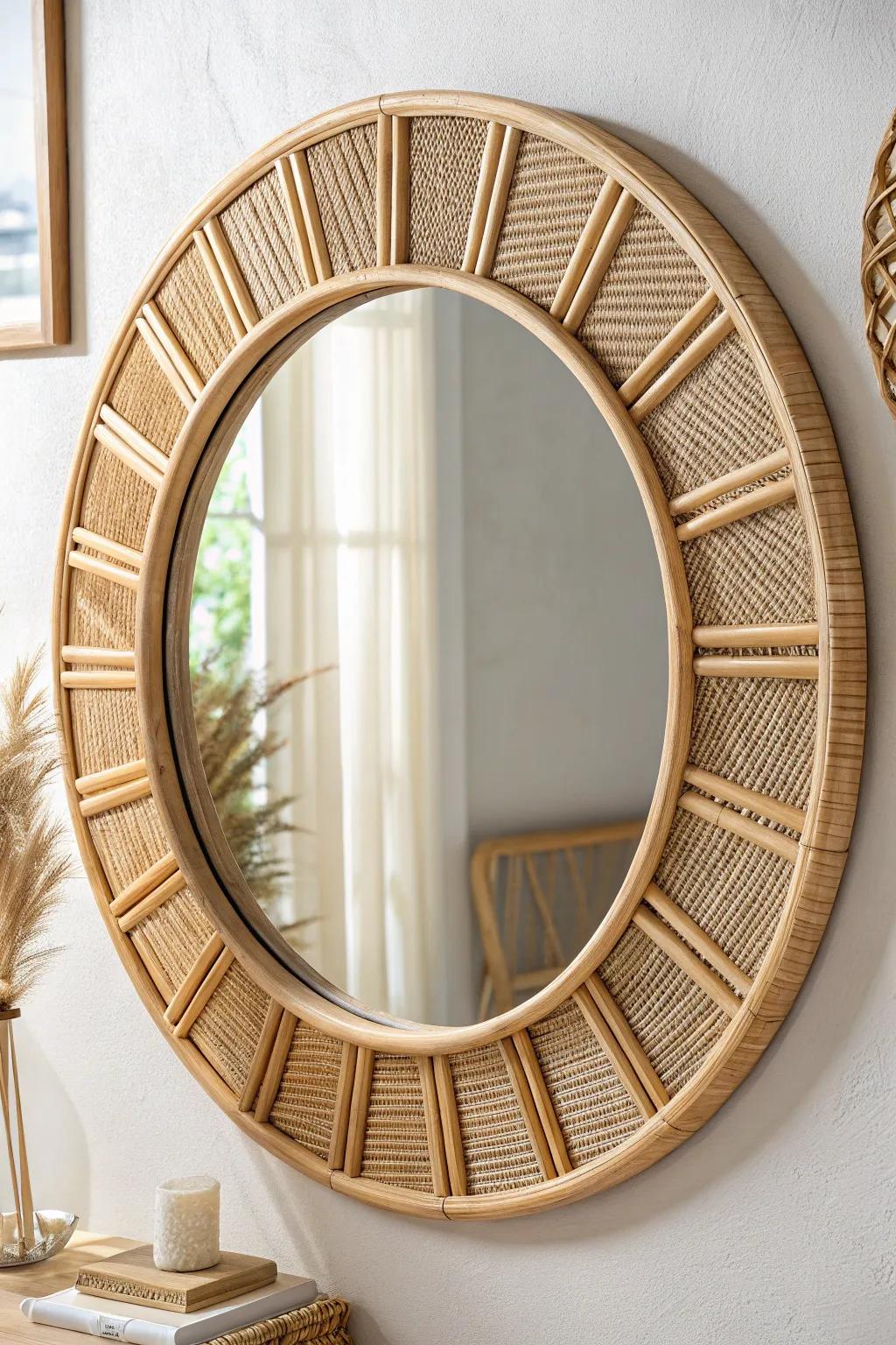 Light oak + cane webbing border: airy texture, boho warmth, and crisp Scandinavian calm.