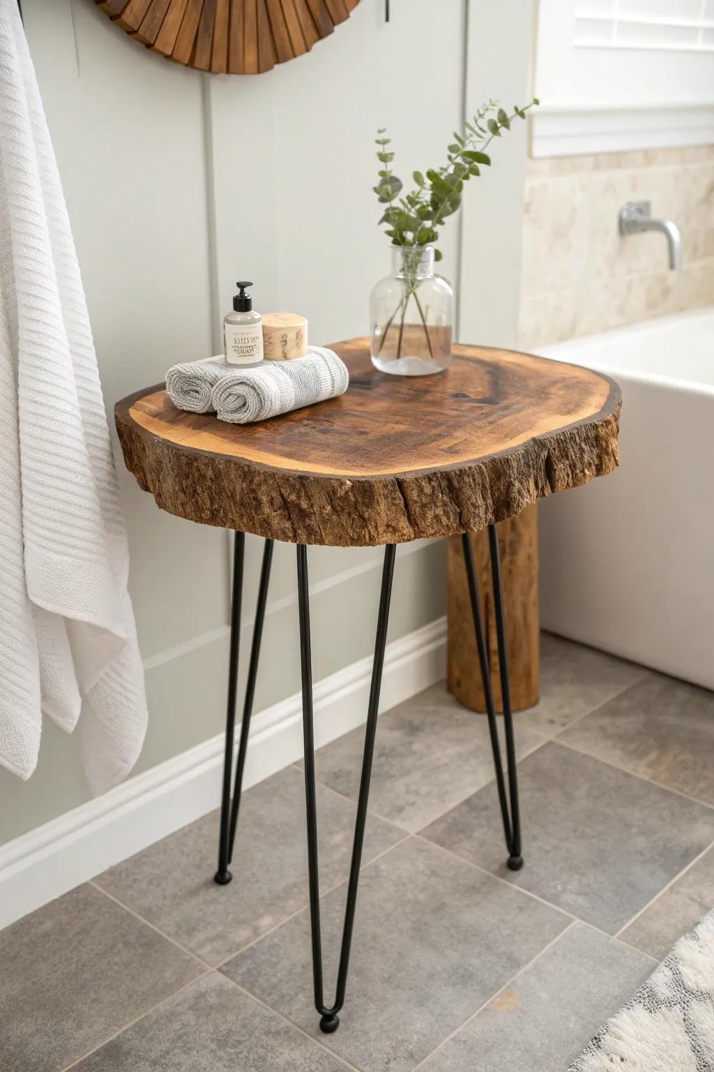 A live-edge slab + three simple legs—instant calm, natural spa vibes for your bathroom.