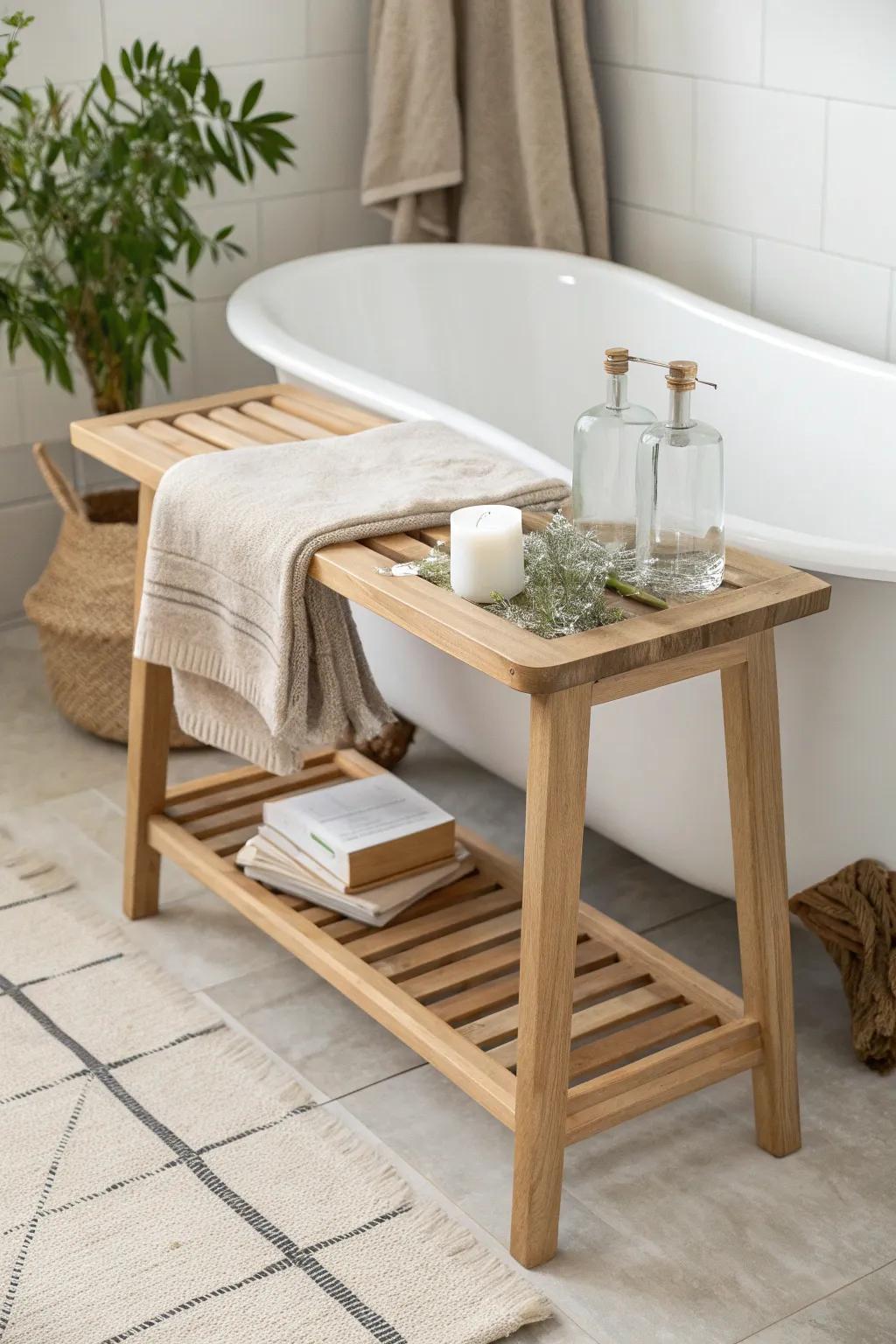 Slatted oak bath-bridge table: a calm, crafted perch for book, candle, and water.