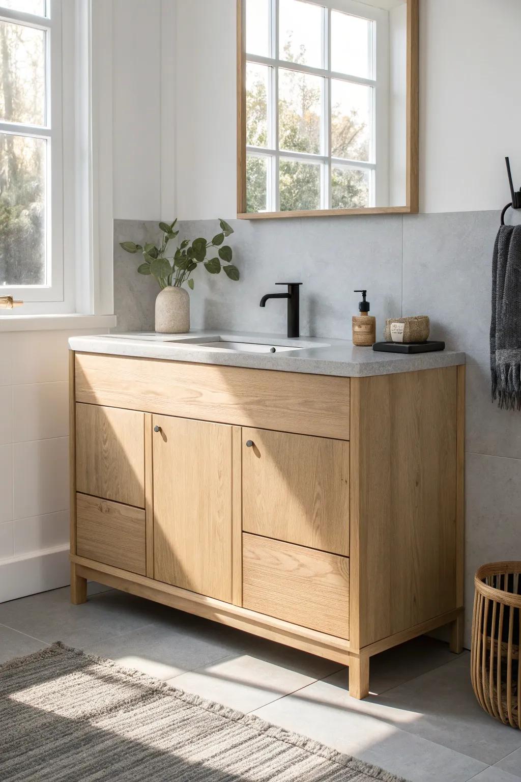 Light oak vanity with stone-look top and brass accents—minimal, warm, and perfectly balanced.