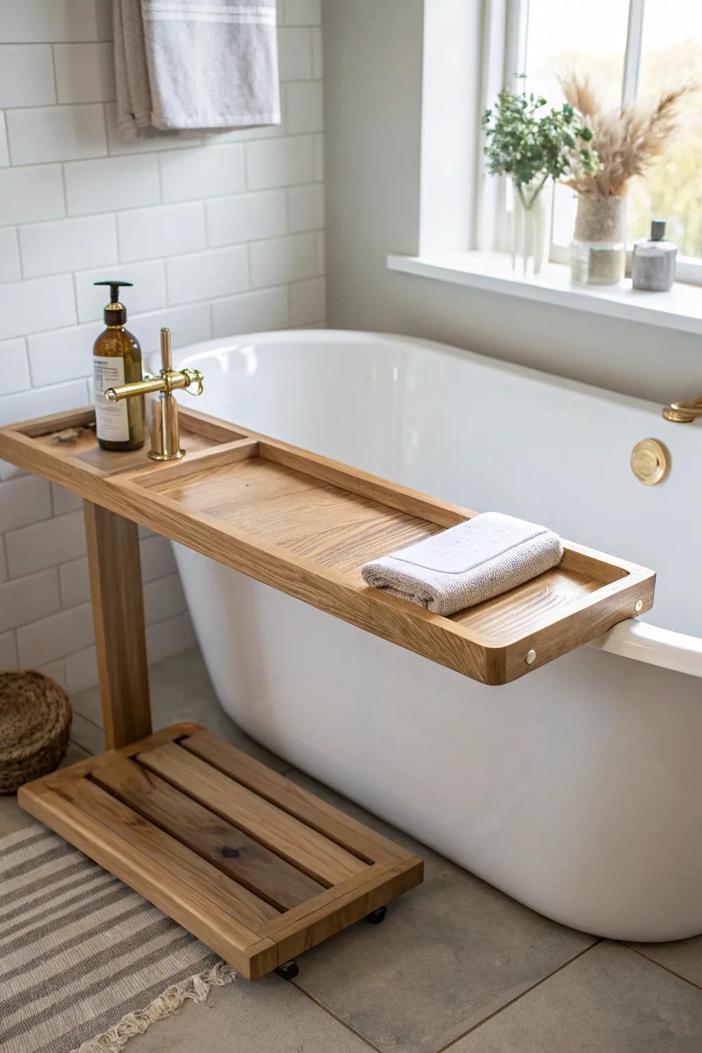 Swing-out oak bathtub side table with brass pivot—spa-like convenience that tucks away neatly.