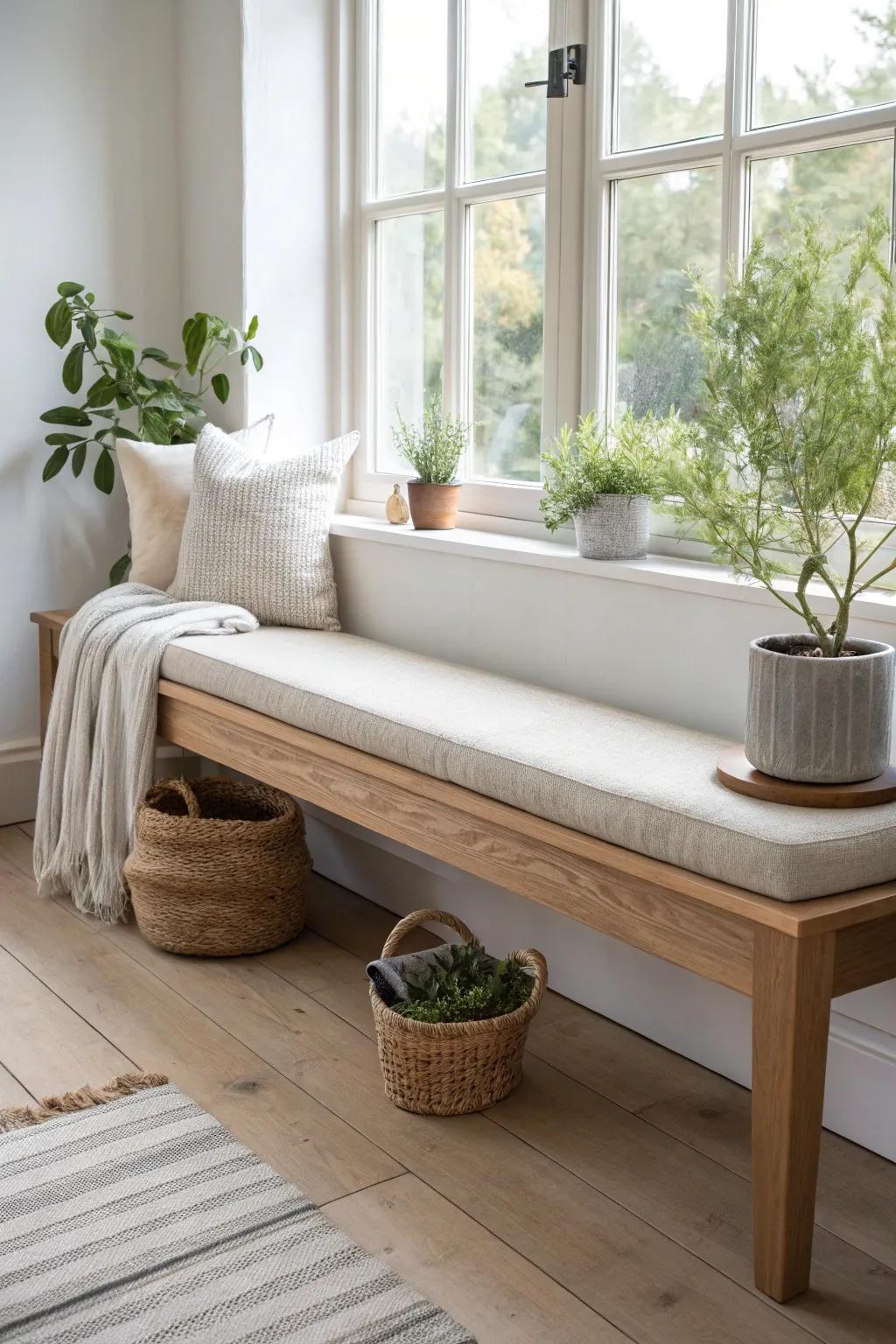 A bay window bench with a slim grow ledge—comfy seating up front, herbs basking behind.