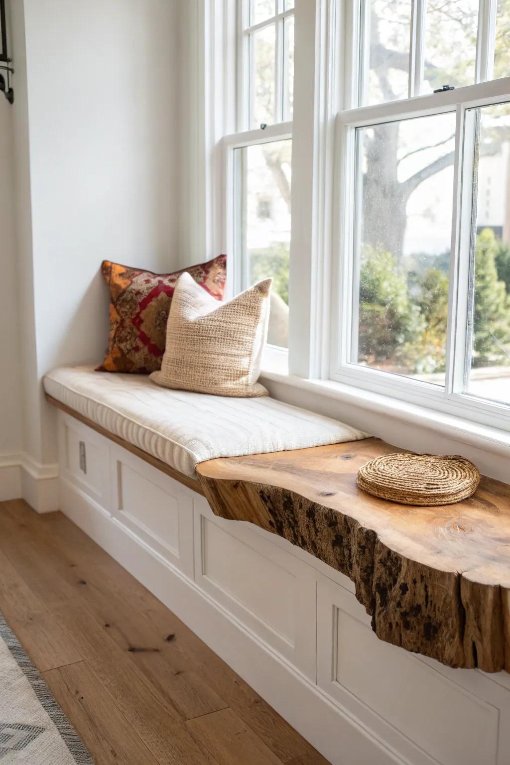 Live-edge wood cap + soft linen cushions—rustic character meets Scandinavian calm.