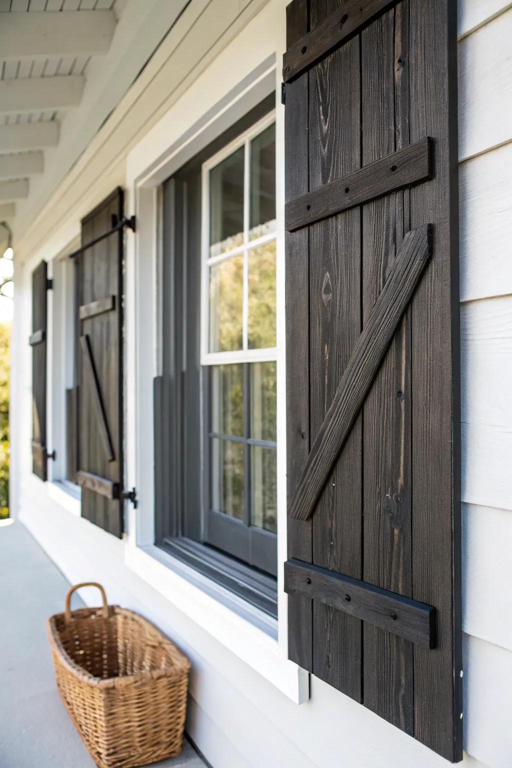 Lightly charred wood shutters add moody texture and modern contrast to a bay window.