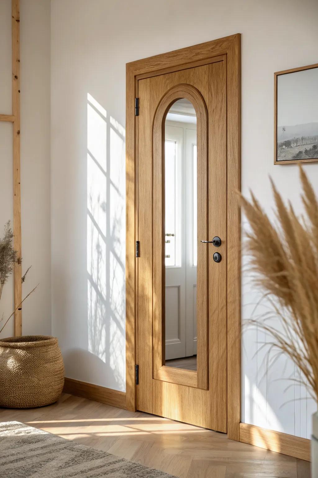 Full-length mirror on a light oak door—sleek, space-saving, and perfect for tiny bedrooms.