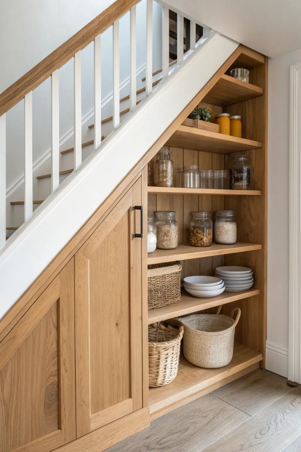 Turn dead under-stairs space into a dreamy built-in pantry nook with custom sloped shelves.