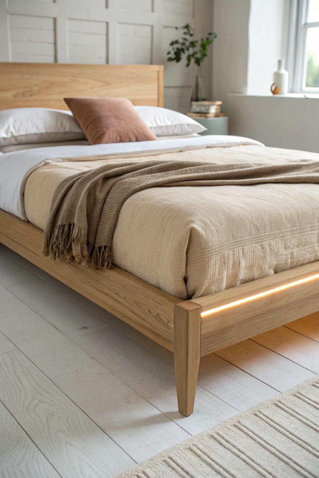 Floating oak frame with hidden LEDs—soft halo glow for a sleek, magazine-worthy bedroom.