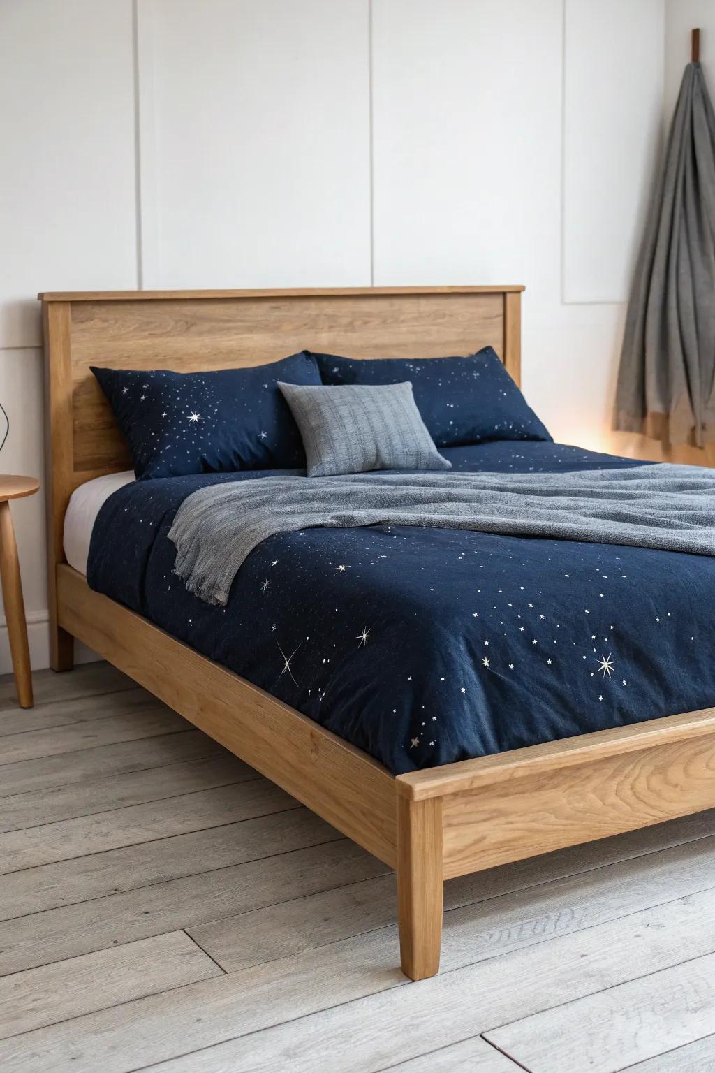 Night-sky resin inlay headboard paired with midnight linens and a silvery throw—pure calm.