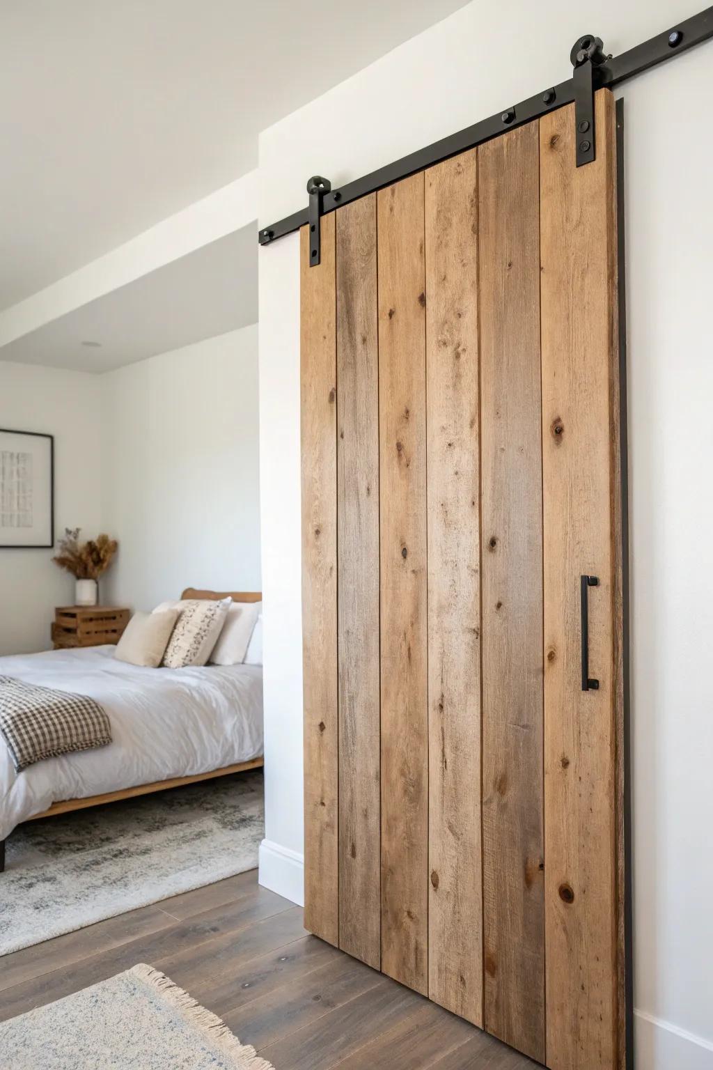 Reclaimed wood plank sliding closet door—rich grain, modern rail, calm Scandinavian bedroom mood.