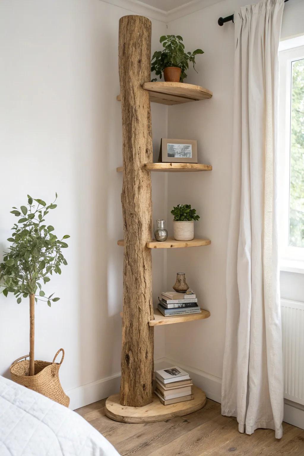 A tree-trunk shelf spine turns the bedroom corner into art—warm wood, books, and greenery.
