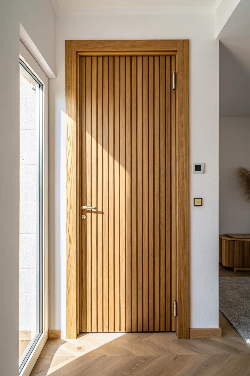 Modern bedroom door upgrade: thin vertical wood slats for instant texture and warmth.