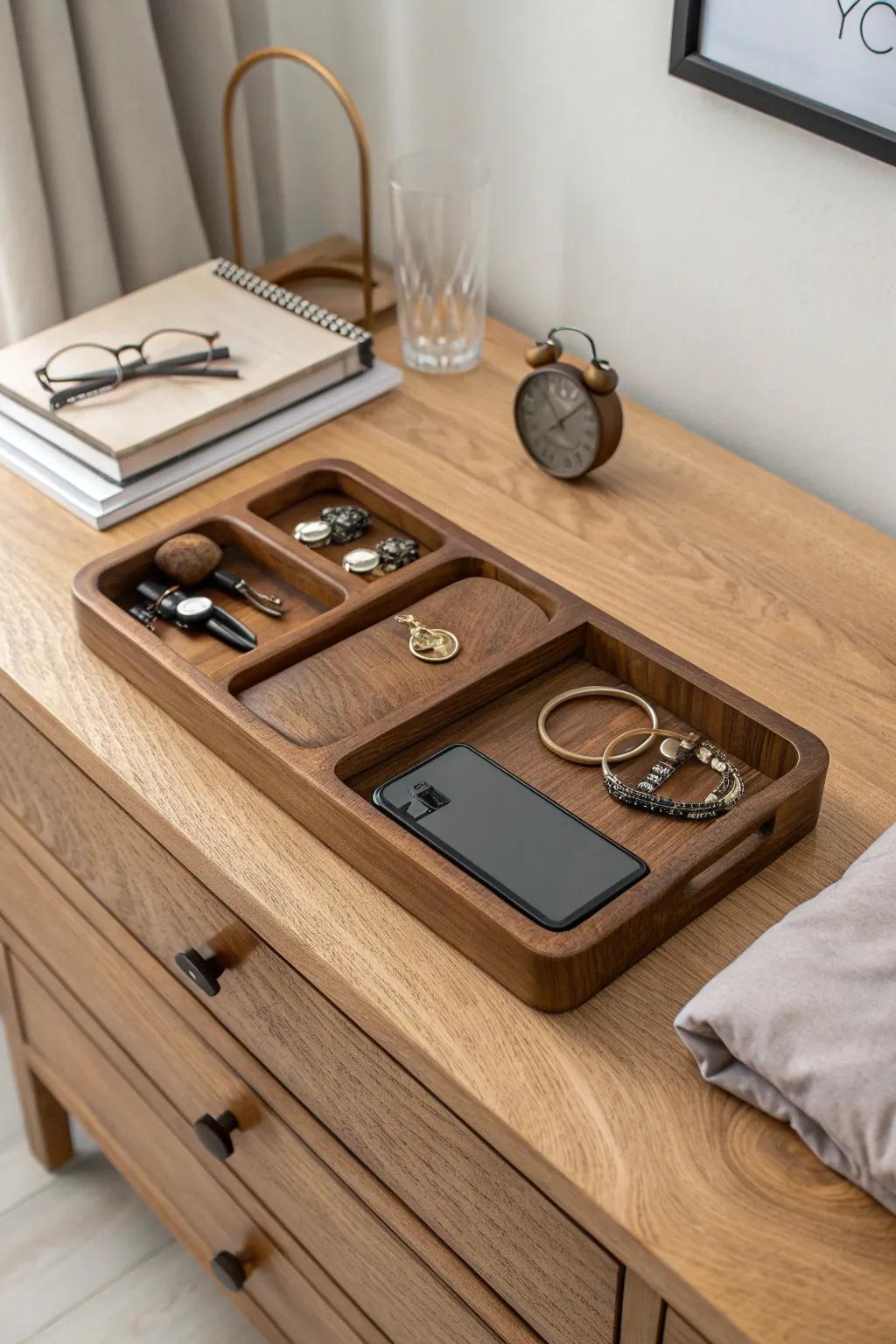 A handcrafted wood valet dock turns your dresser top into a calm, everyday drop zone.