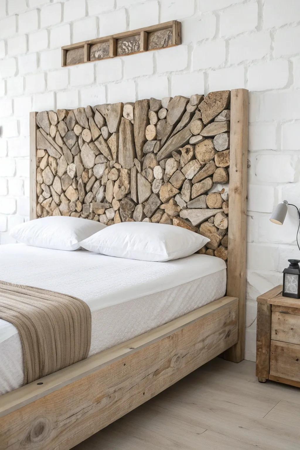 A sculptural driftwood mosaic headboard that adds natural texture and calm, modern contrast.