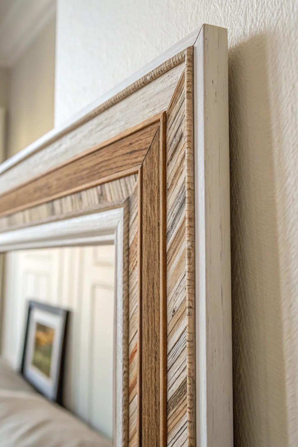 Mixed-material panel molding with reclaimed wood inlays for a warm, custom bedroom focal wall.