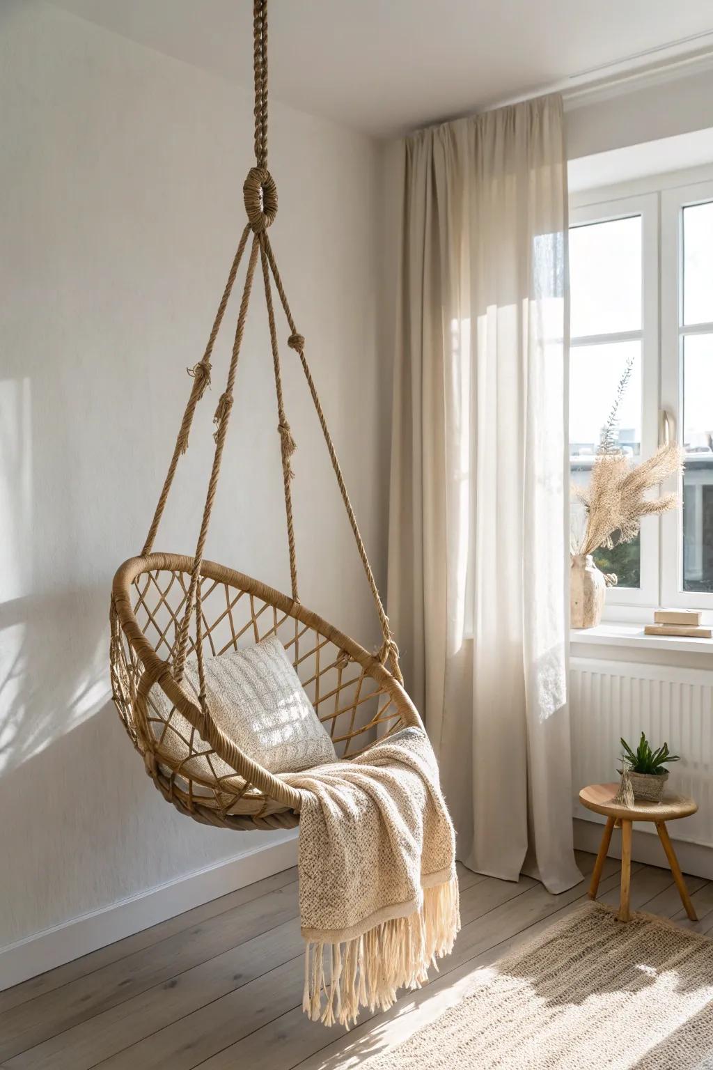A floating wooden hanging chair turns a quiet bedroom corner into the coziest retreat.