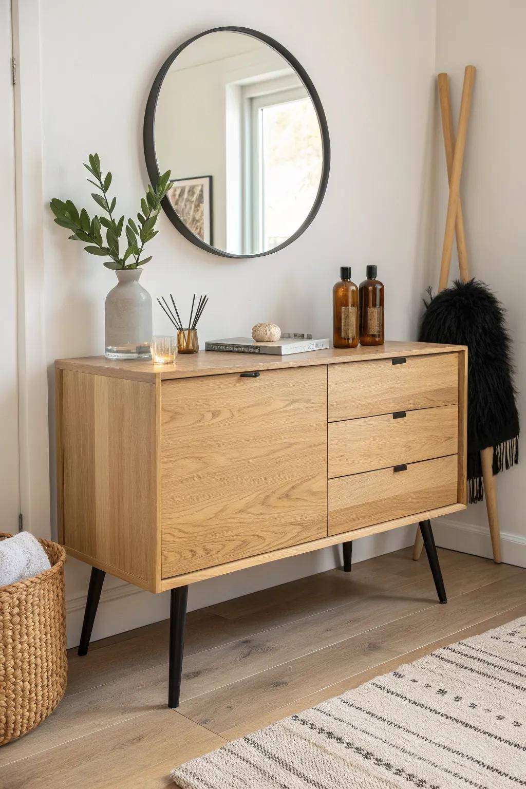 A calm sideboard vanity: warm oak, tidy dividers, and a soft mirror glow for mornings.