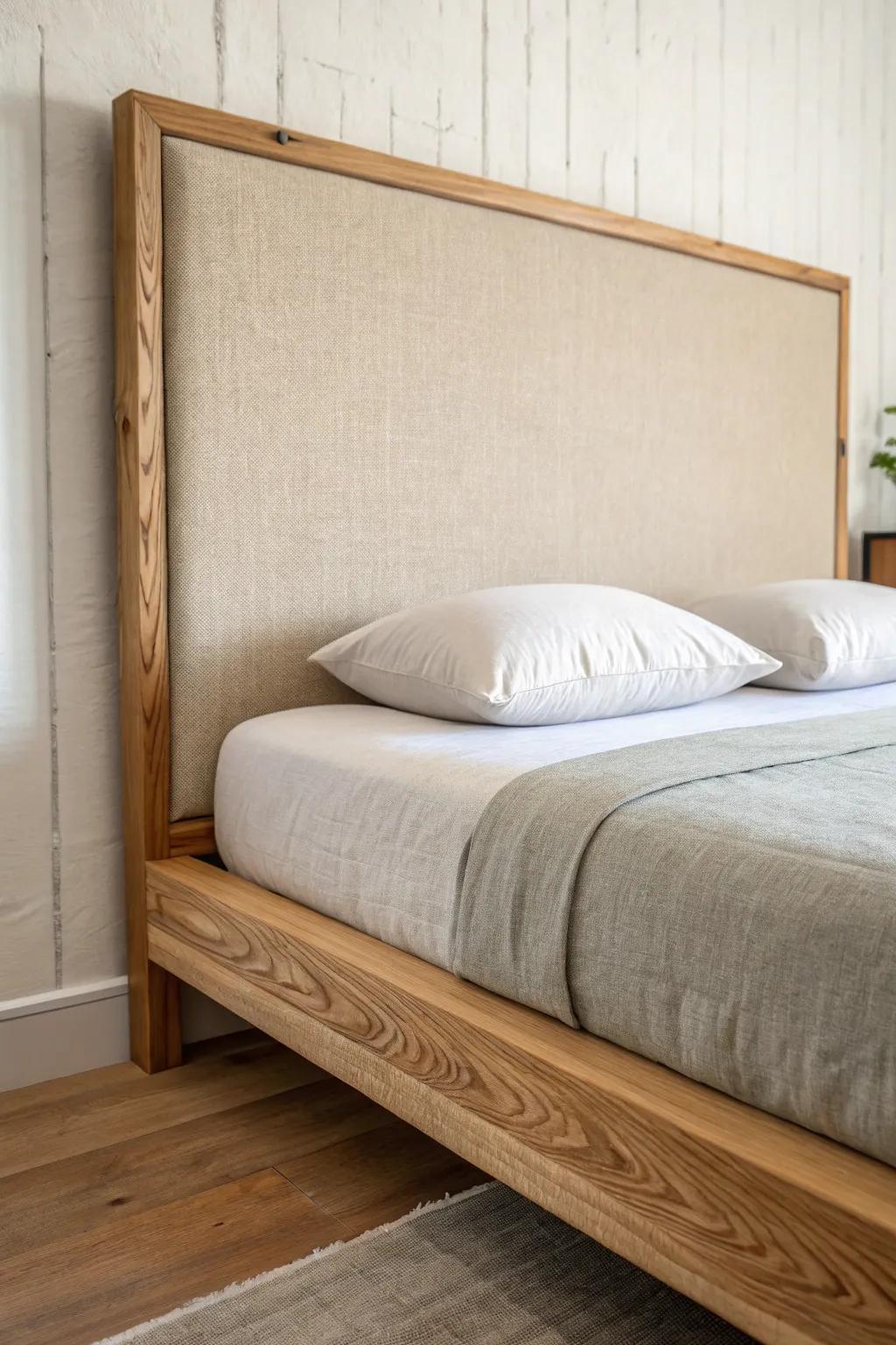 Textile-wrapped wood panels add cozy softness and quiet, Scandinavian style behind the bed.