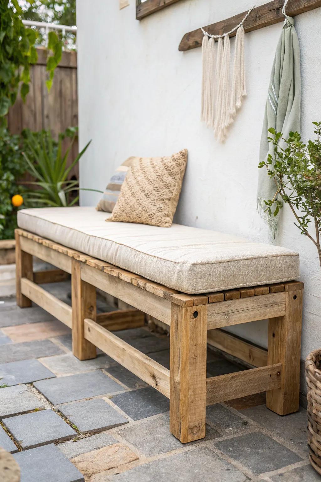 Upcycled pallet wood bench with a plush linen cushion—rugged, smooth-sanded, and cozy.