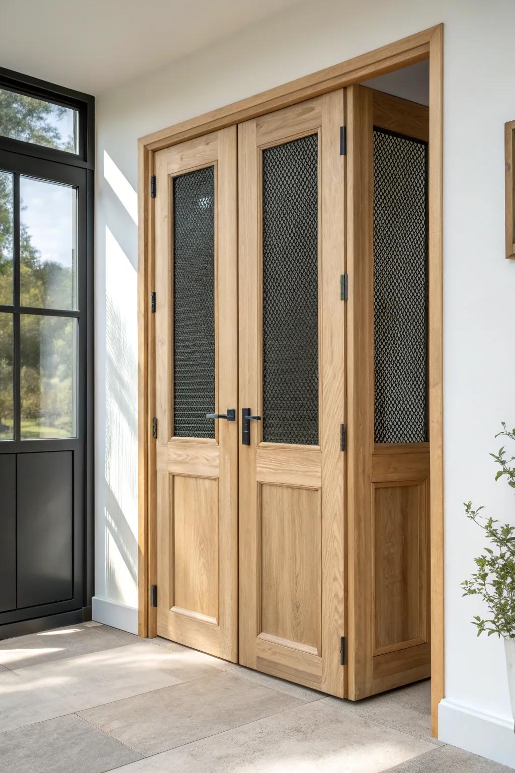 Light oak bifold door with black metal mesh inserts—airflow and workshop edge, beautifully minimal.