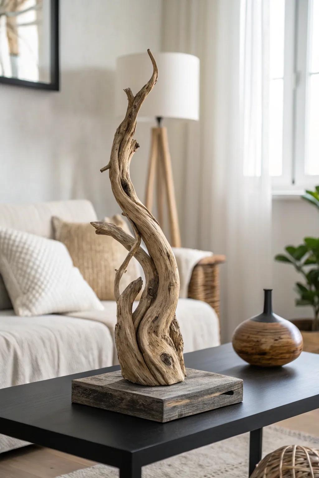 Organic driftwood sculpture on a black coffee table—minimal, sculptural, and warm.