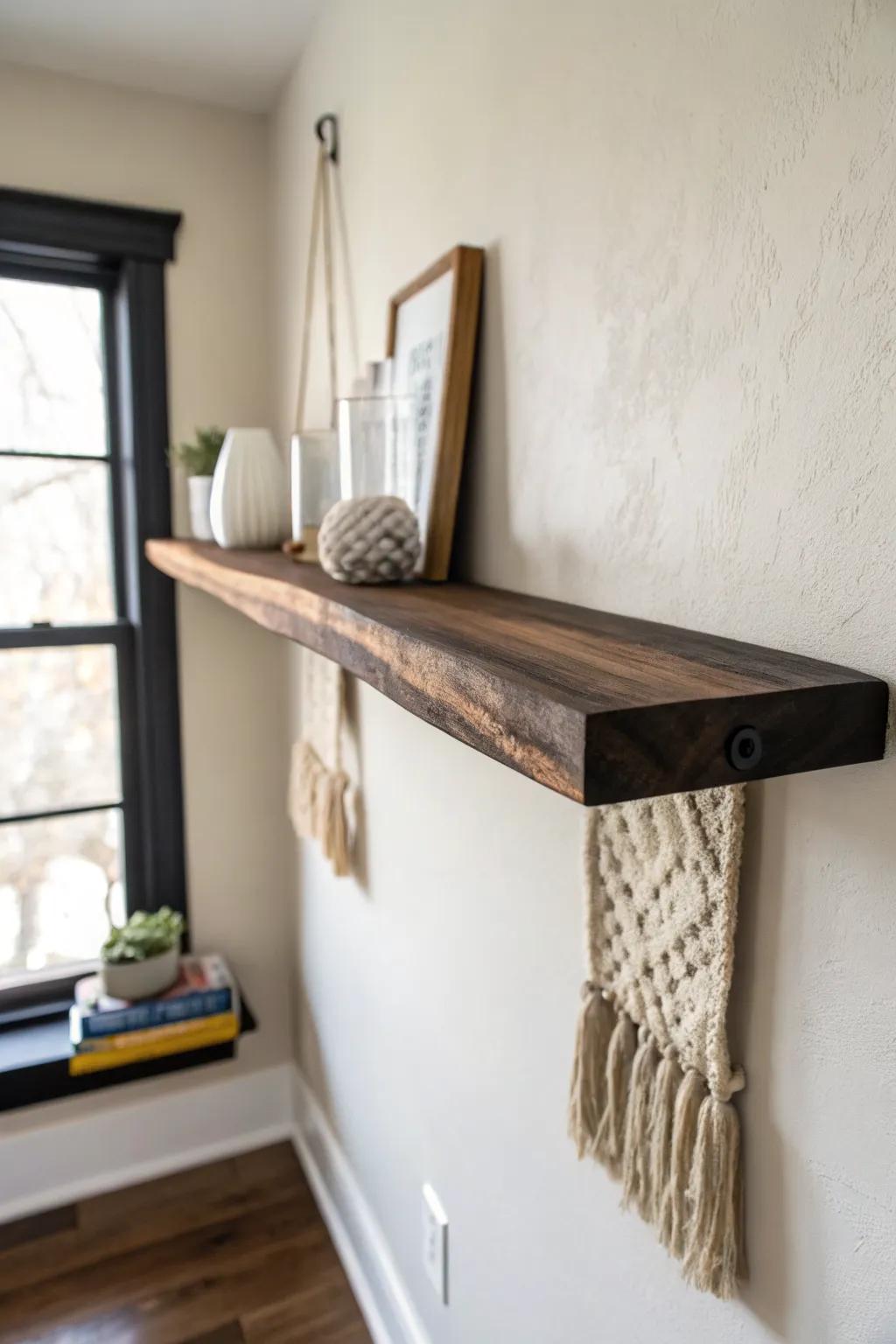 Matte-black live-edge floating shelf—minimal styling that lets the organic edge shine.