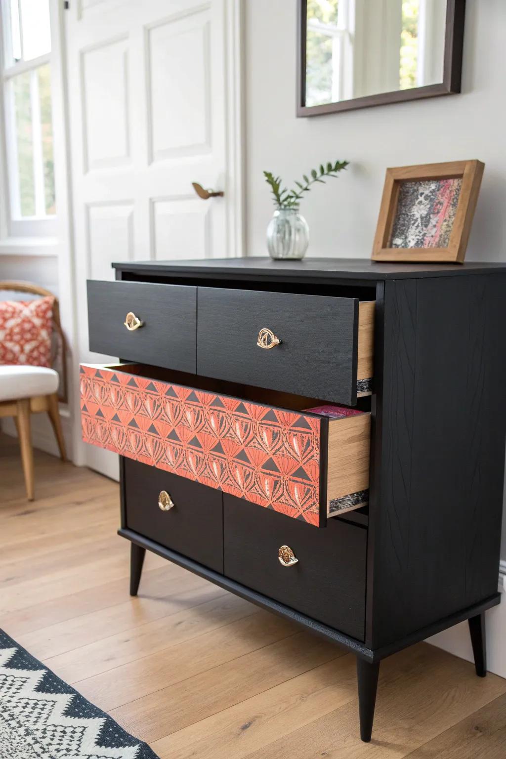 Matte black dresser outside, a bold coral surprise inside—simple, chic, and instantly wow.