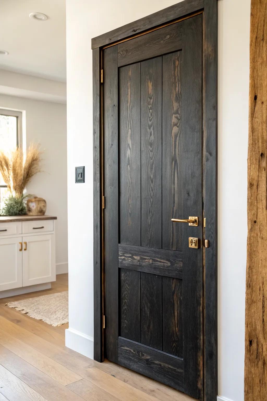 Reclaimed wood pantry door in deep black stain—bold contrast, visible grain, and warm character.