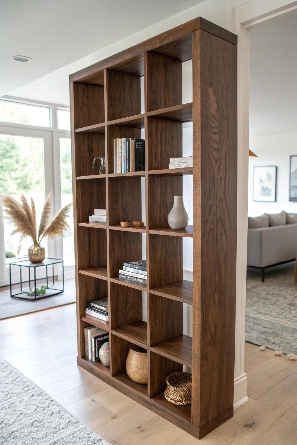 A double-sided black walnut divider bookshelf—airy cubbies, rich grain, and light-filled privacy.
