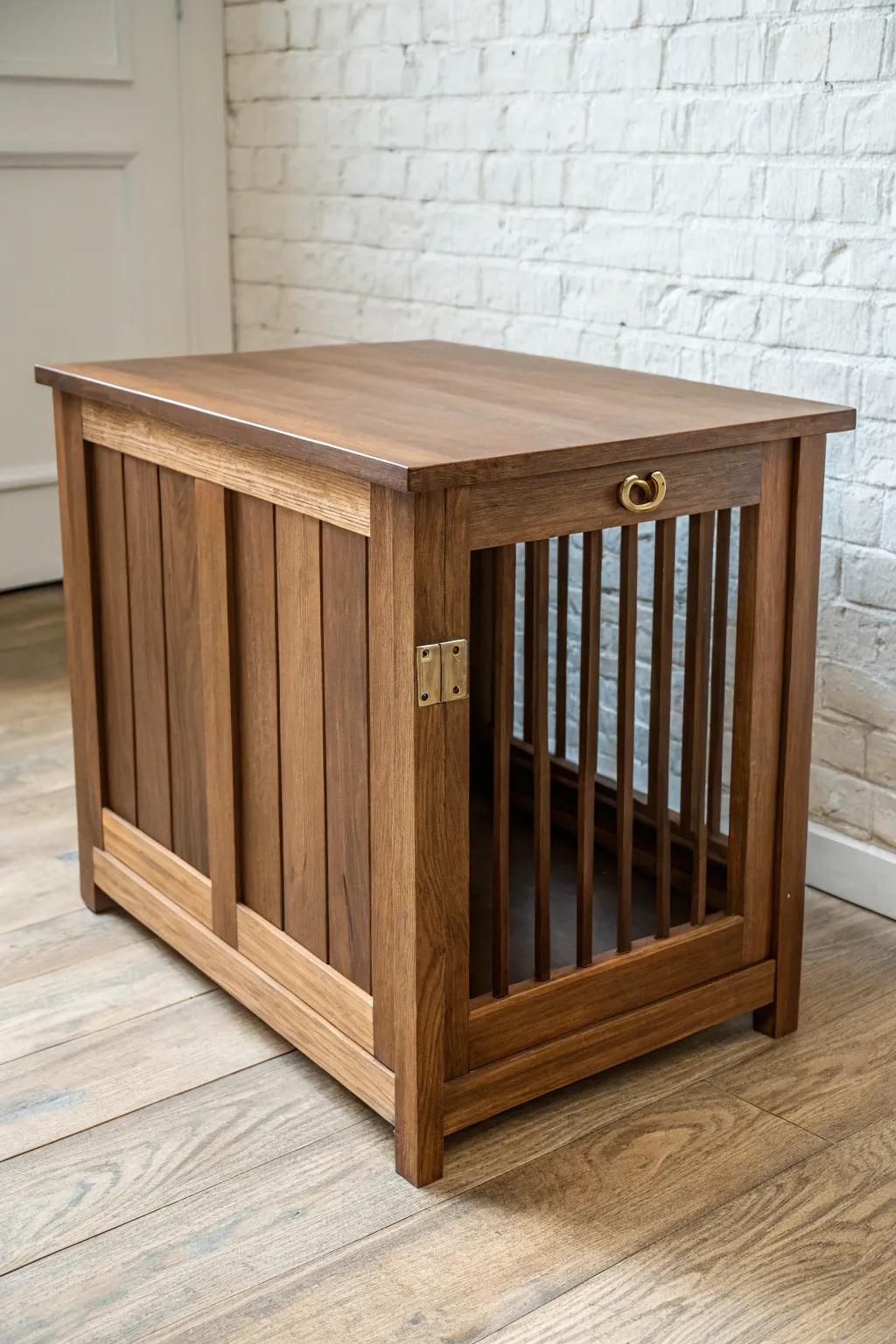 A black walnut dog crate that blends in beautifully—functional, refined, and furniture-worthy.