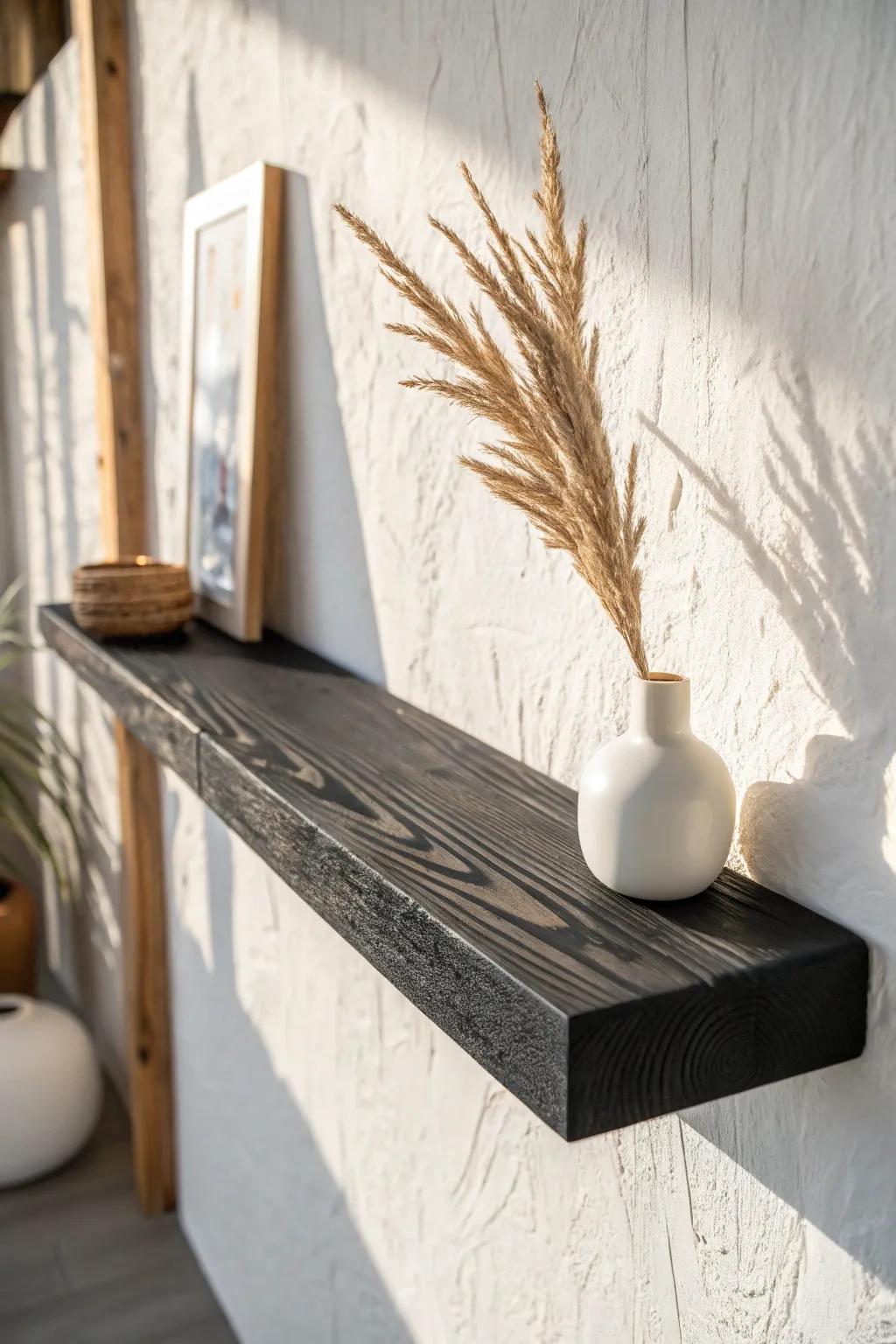 Ebonized wood grain against white walls—minimal, moody contrast with warm handmade depth.