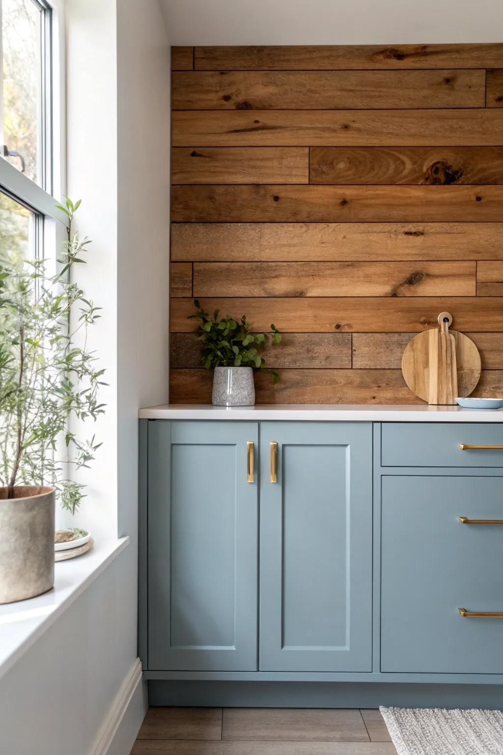 Cozy contrast: matte blue cabinets paired with a sealed brown wood plank backsplash.